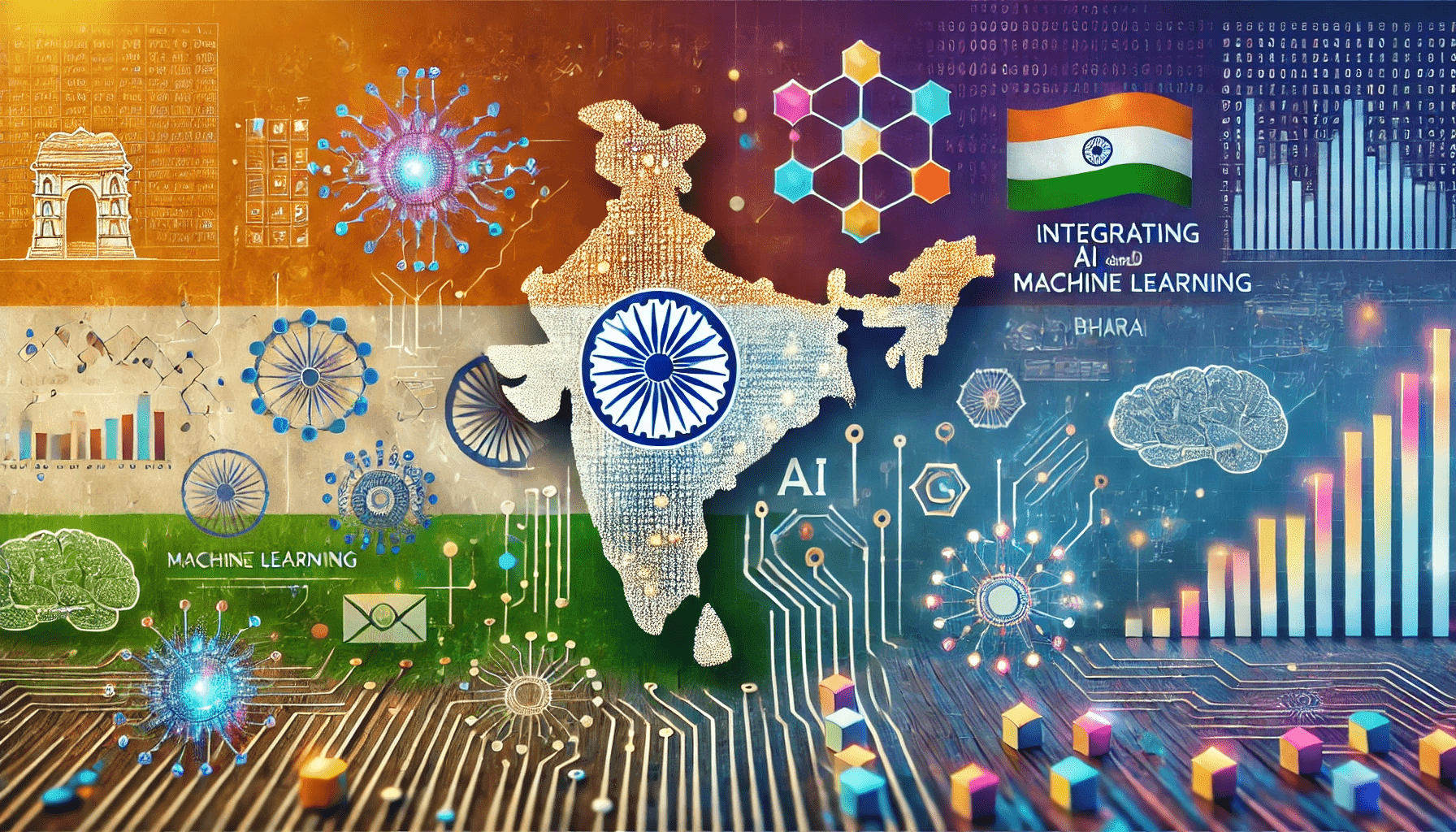 A vibrant illustration depicting the integration of AI and machine learning in business operations across Bharat, symbolizing technological advancement and growth