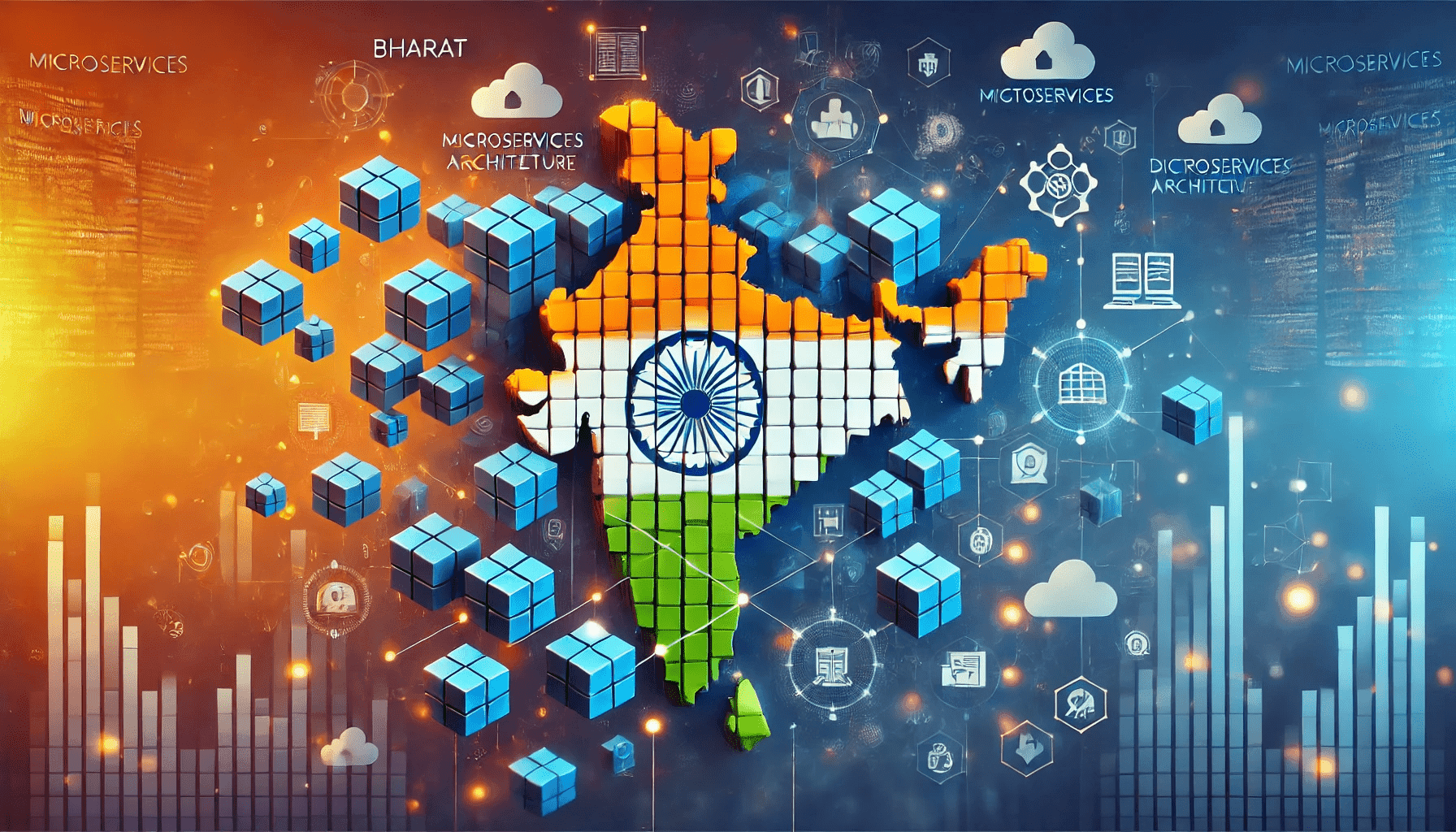 Digital landscape featuring interconnected cubes representing microservices, arranged in the shape of the Indian subcontinent. The background transitions from deep blue to vibrant orange, symbolizing digital transformation. Icons on the cubes represent various business functions like e-commerce, finance, and healthcare, conveying scalability, technology, and innovation.