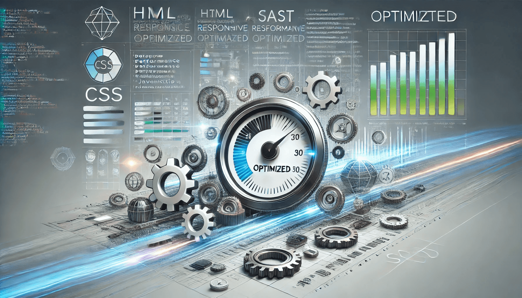 Modern web interface showing optimization in progress, featuring code snippets, performance graphs, speed indicators, and turning gears. The design includes HTML, CSS, and JavaScript logos, symbolizing fast and responsive web applications with a professional blue, green, and white color scheme.