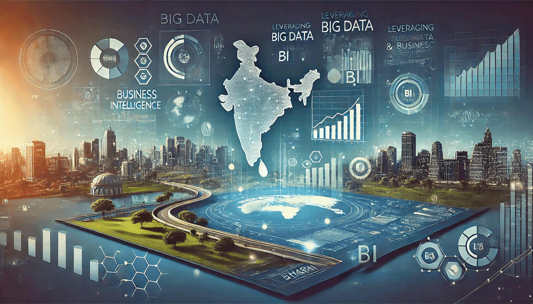 Horizontal image depicting the integration of Big Data and Business Intelligence, symbolizing advanced data analytics and insights driving business growth in Bharat.