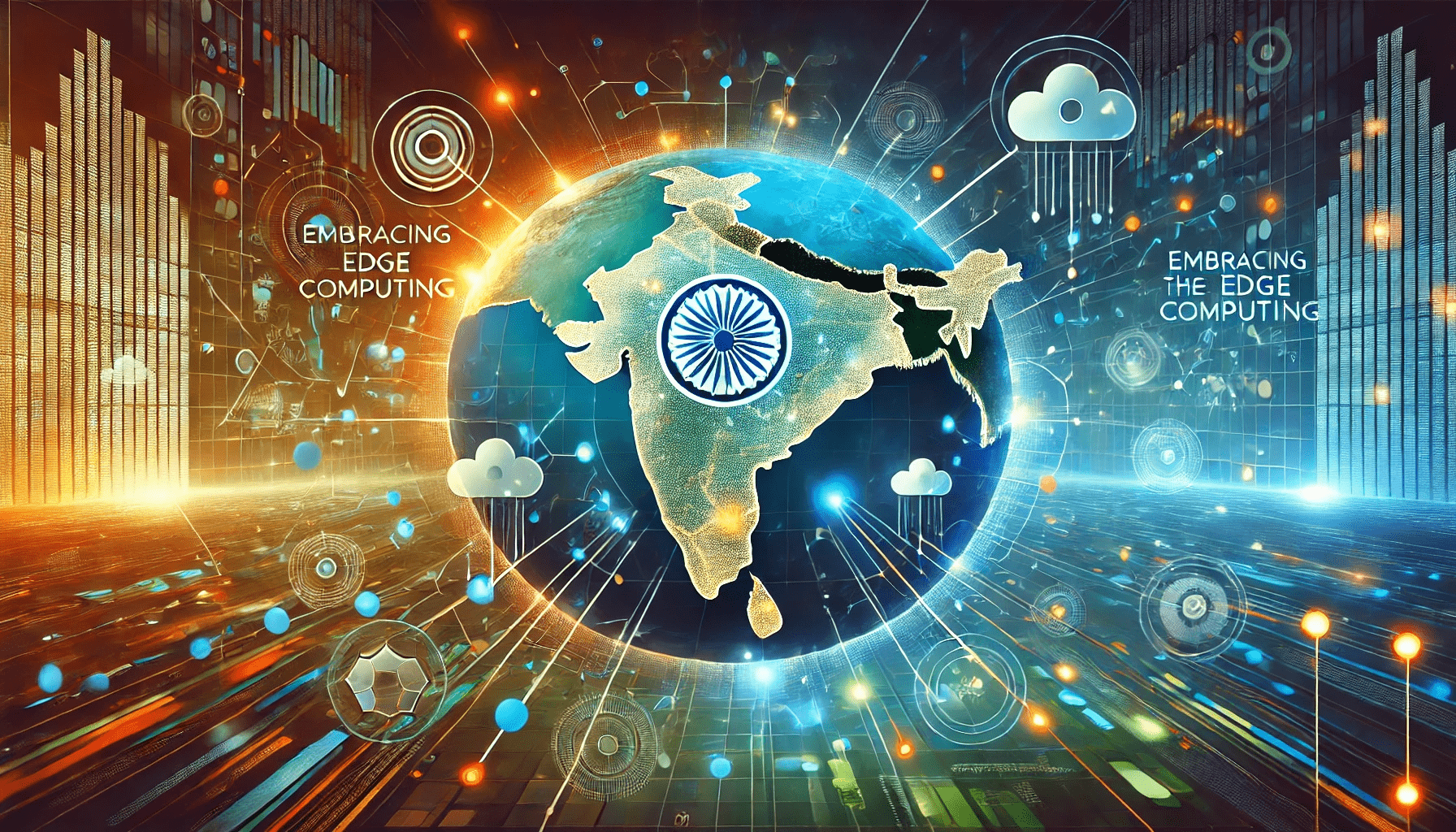 A futuristic and dynamic image representing "Embracing Edge Computing: The Next Frontier for Bharat’s Businesses," featuring a map of Bharat surrounded by digital elements like data nodes, cloud icons, and interconnected lines, with vibrant blues, greens, and hints of orange to symbolize innovation and technology integration in Bharat's business landscape.